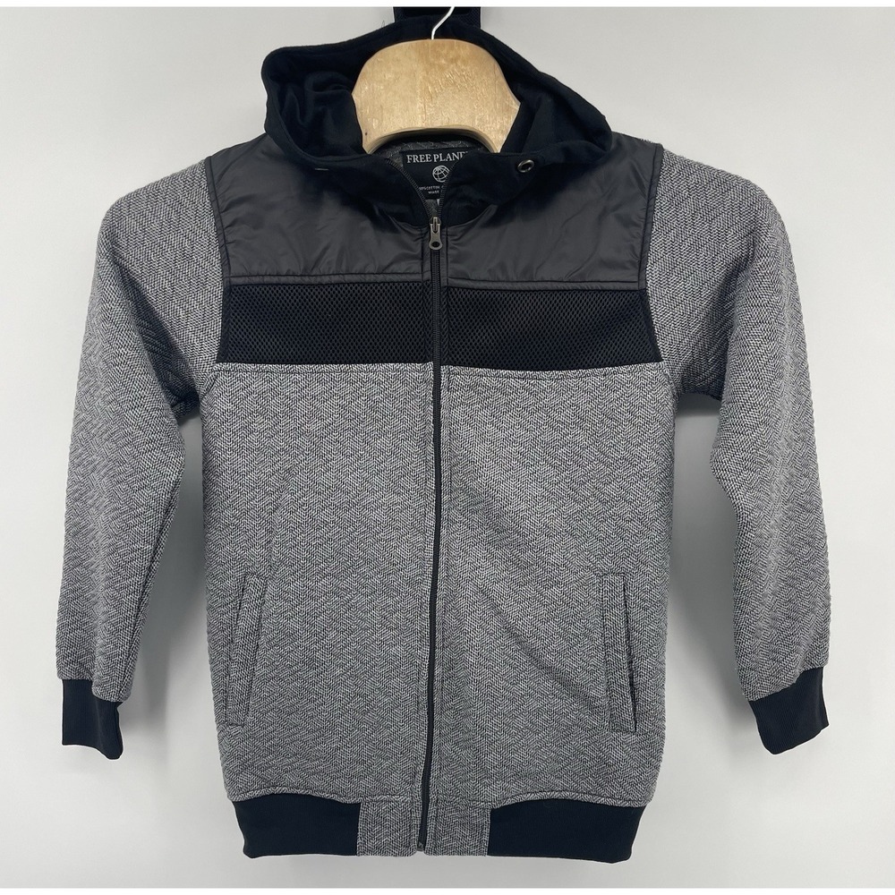 Free Planet Hoodie Mens Small Gray Black Mixed Media Mesh Zip Up Jacket Urban
